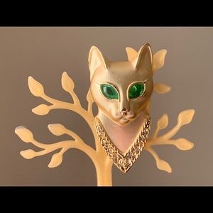 Vintage AJC Cat Brooch Gold Tone Metal Green Eyes | Art Deco Style